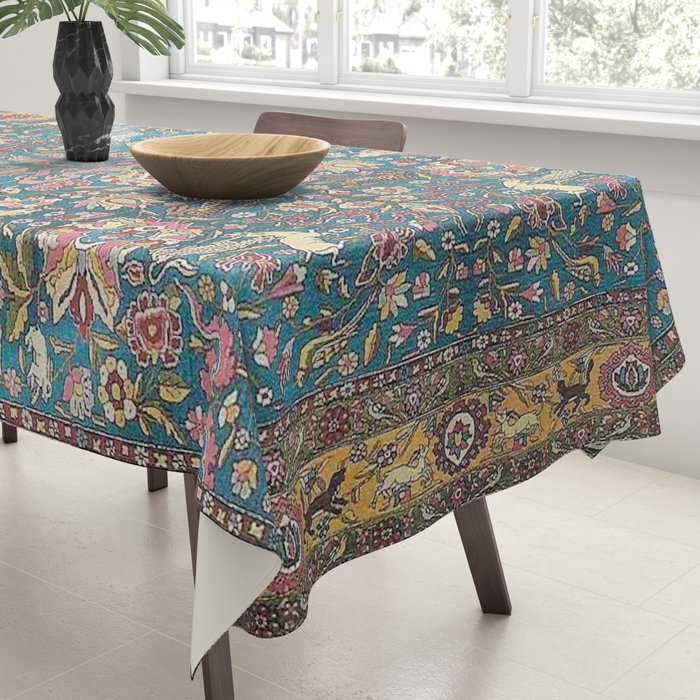 Antique Golden Blue Tehran Persian Rug Tablecloth Gallery Image 3