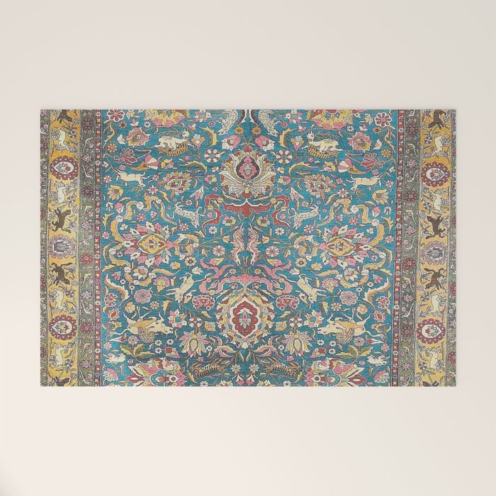 Antique Golden Blue Tehran Persian Rug Welcome Mat Gallery Image 1