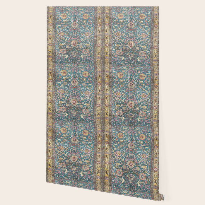 Antique Golden Blue Tehran Persian Rug Wallpaper Gallery Image 2