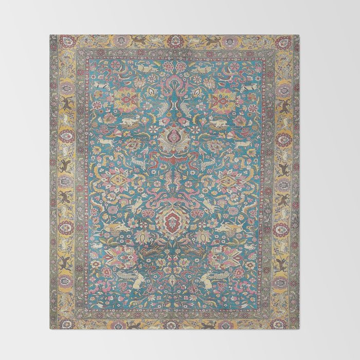 Antique Golden Blue Tehran Persian Rug Throw Blanket Gallery Image 2