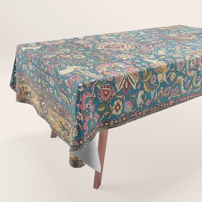 Antique Golden Blue Tehran Persian Rug Tablecloth Gallery Image 1