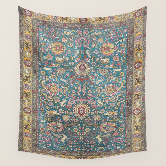 Antique Golden Blue Tehran Persian Rug Wall Tapestry Gallery Image 1
