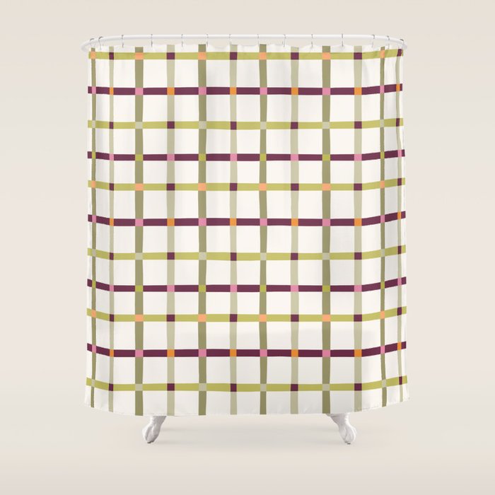 Windowpane Plaid - Olive Green and Burgundy Shower Curtain Gallery Image 1