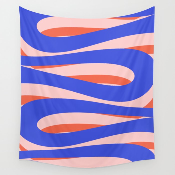 Pop Swirl Wavy Abstract Pattern Royal Blue Pink Red Orange Wall Tapestry Gallery Image 4
