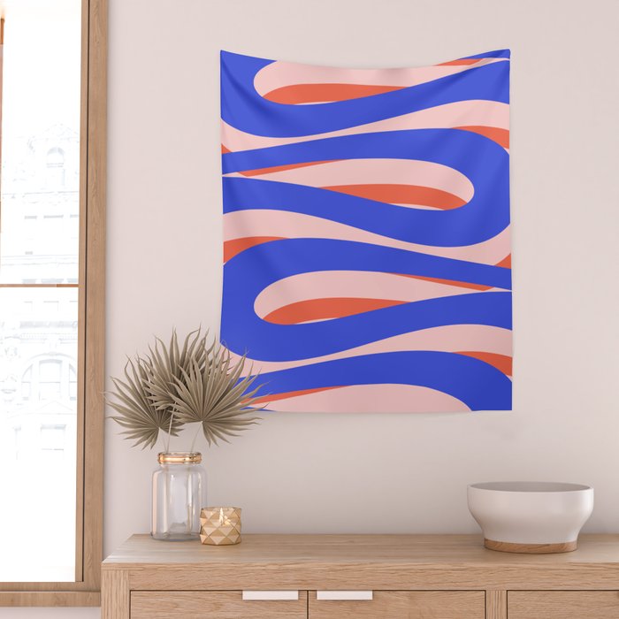 Pop Swirl Wavy Abstract Pattern Royal Blue Pink Red Orange Wall Tapestry Gallery Image 2