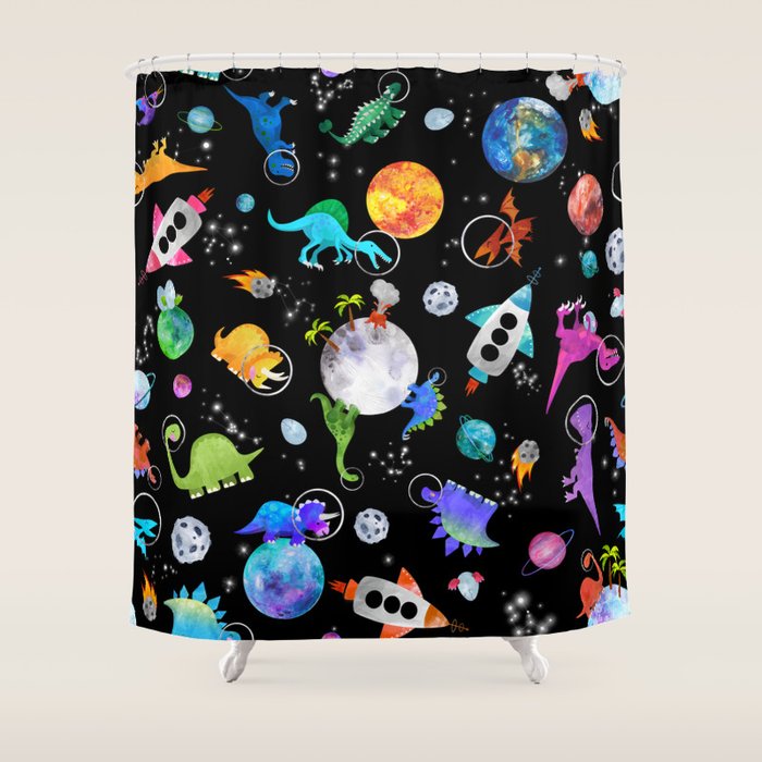 Dinosaur Astronauts In Outer Space Shower Curtain Gallery Image 1