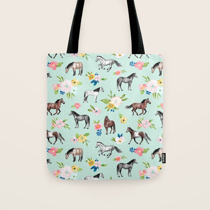 Horse and Flower Print, Mint Blue, Pink flowers, Equestrian, Spring Floral Tote Bag Gallery Image 1