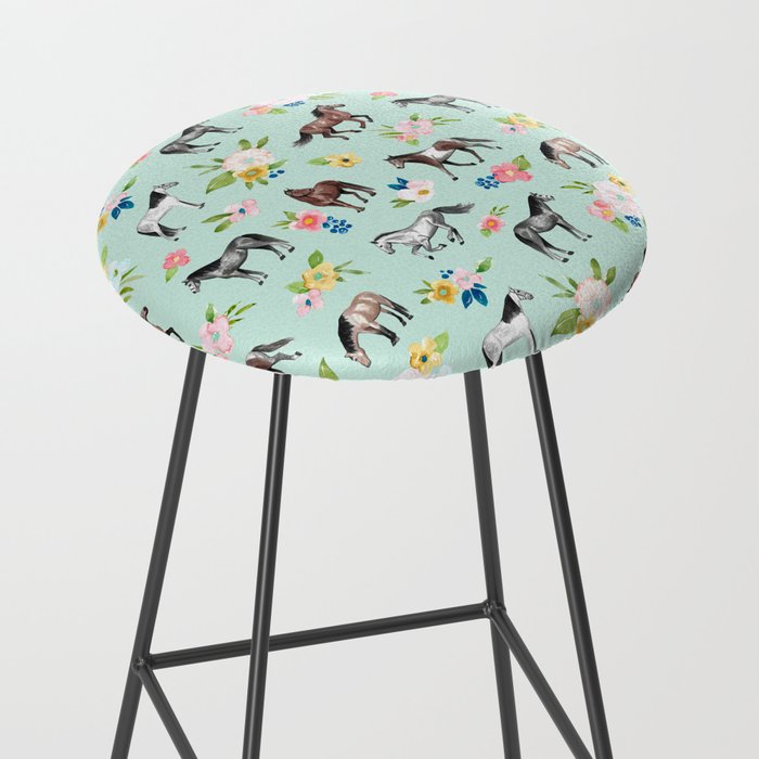 Horse and Flower Print, Mint Blue, Pink flowers, Equestrian, Spring Floral Stool Gallery Image 2