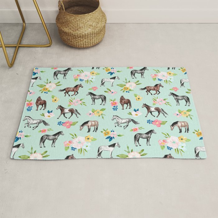 Horse and Flower Print, Mint Blue, Pink flowers, Equestrian, Spring Floral Rug Gallery Image 1