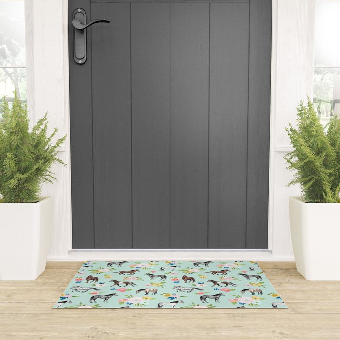 Horse and Flower Print, Mint Blue, Pink flowers, Equestrian, Spring Floral Welcome Mat Gallery Image 3