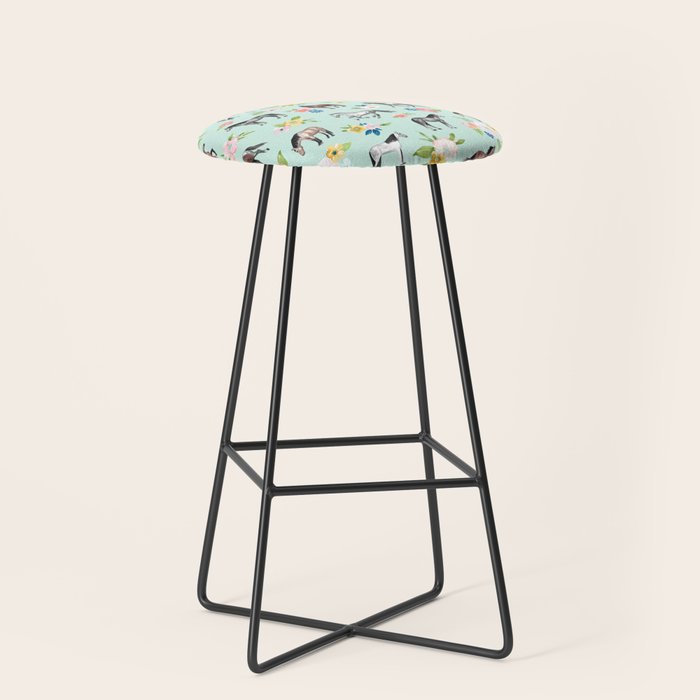 Horse and Flower Print, Mint Blue, Pink flowers, Equestrian, Spring Floral Stool Gallery Image 1