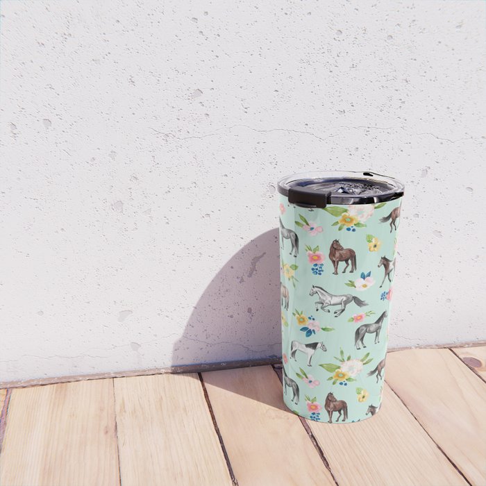 Horse and Flower Print, Mint Blue, Pink flowers, Equestrian, Spring Floral Travel Mug Gallery Image 4