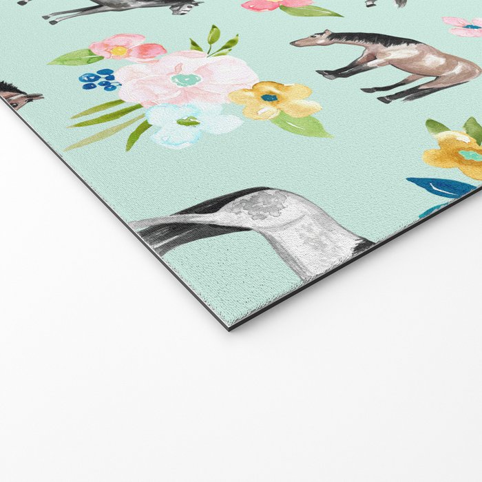 Horse and Flower Print, Mint Blue, Pink flowers, Equestrian, Spring Floral Welcome Mat Gallery Image 2