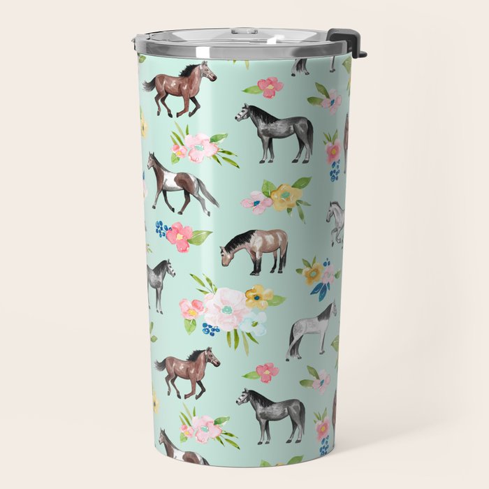 Horse and Flower Print, Mint Blue, Pink flowers, Equestrian, Spring Floral Travel Mug Gallery Image 2