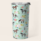 Horse and Flower Print, Mint Blue, Pink flowers, Equestrian, Spring Floral Travel Mug Gallery Image 2