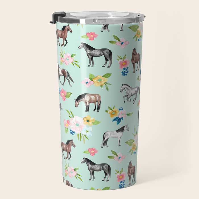 Horse and Flower Print, Mint Blue, Pink flowers, Equestrian, Spring Floral Travel Mug Gallery Image 3