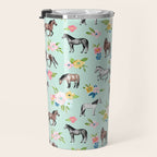 Horse and Flower Print, Mint Blue, Pink flowers, Equestrian, Spring Floral Travel Mug Gallery Image 3