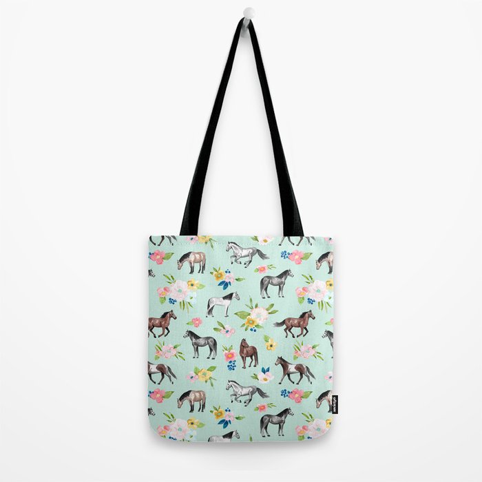 Horse and Flower Print, Mint Blue, Pink flowers, Equestrian, Spring Floral Tote Bag Gallery Image 2