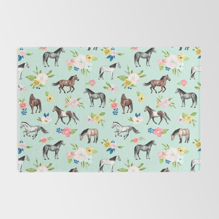 Horse and Flower Print, Mint Blue, Pink flowers, Equestrian, Spring Floral Rug Gallery Image 2