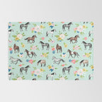 Horse and Flower Print, Mint Blue, Pink flowers, Equestrian, Spring Floral Rug Gallery Image 2