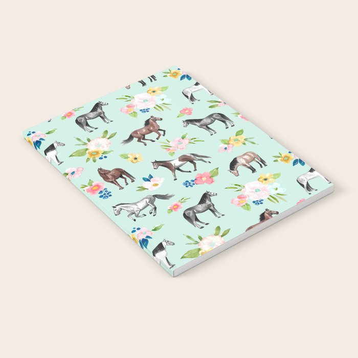 Horse and Flower Print, Mint Blue, Pink flowers, Equestrian, Spring Floral Notebook Gallery Image 1