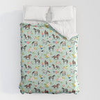 Horse and Flower Print, Mint Blue, Pink flowers, Equestrian, Spring Floral Duvet Cover Gallery Image 6