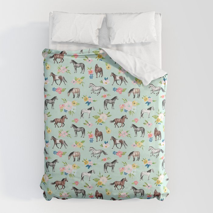 Horse and Flower Print, Mint Blue, Pink flowers, Equestrian, Spring Floral Duvet Cover Gallery Image 6
