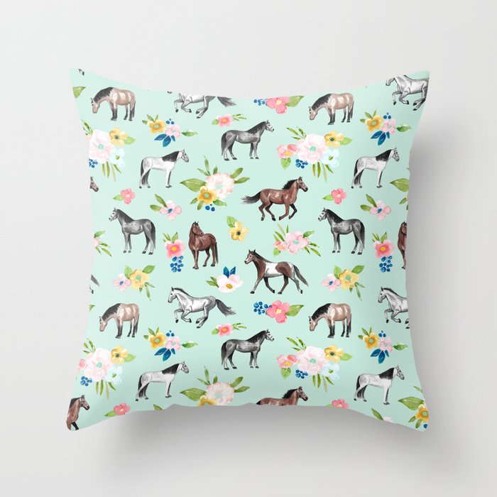 Horse and Flower Print, Mint Blue, Pink flowers, Equestrian, Spring Floral Throw Pillow Gallery Image 6