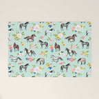 Horse and Flower Print, Mint Blue, Pink flowers, Equestrian, Spring Floral Welcome Mat Gallery Image 1