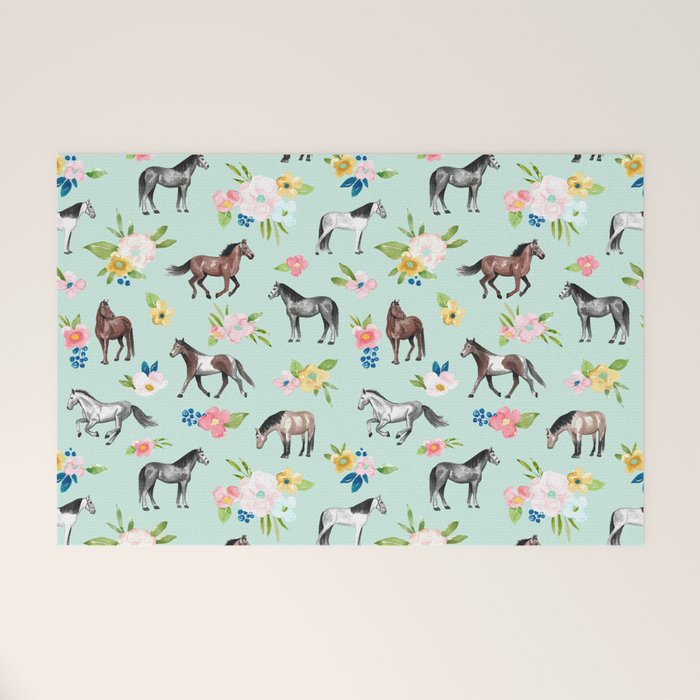 Horse and Flower Print, Mint Blue, Pink flowers, Equestrian, Spring Floral Welcome Mat Gallery Image 1