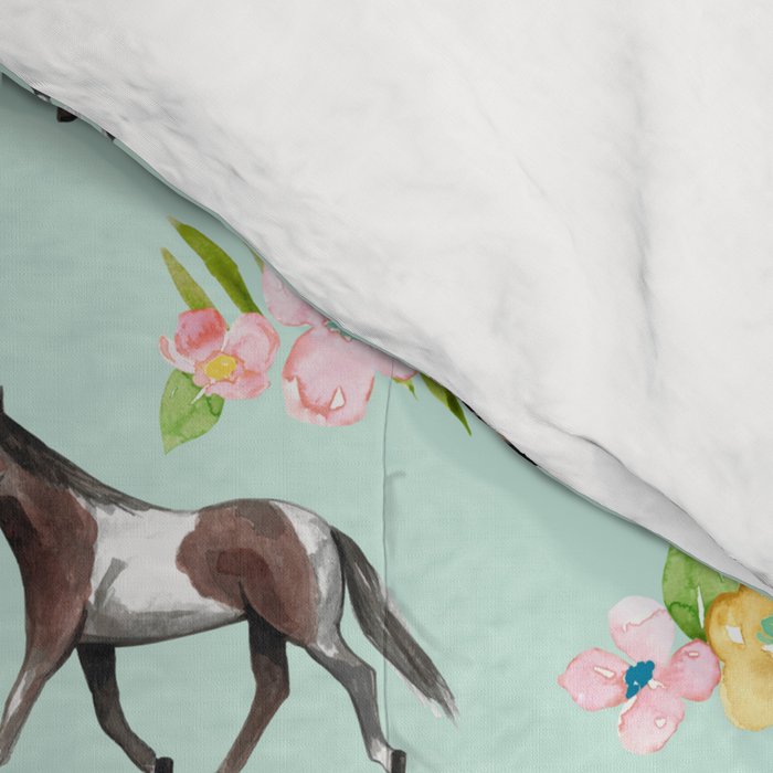 Horse and Flower Print, Mint Blue, Pink flowers, Equestrian, Spring Floral Comforter Gallery Image 4