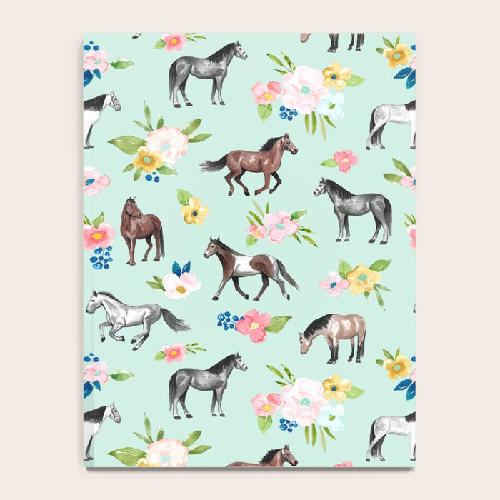 Horse and Flower Print, Mint Blue, Pink flowers, Equestrian, Spring Floral Notebook Gallery Image 4