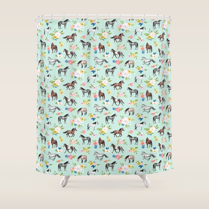Horse and Flower Print, Mint Blue, Pink flowers, Equestrian, Spring Floral Shower Curtain Gallery Image 1