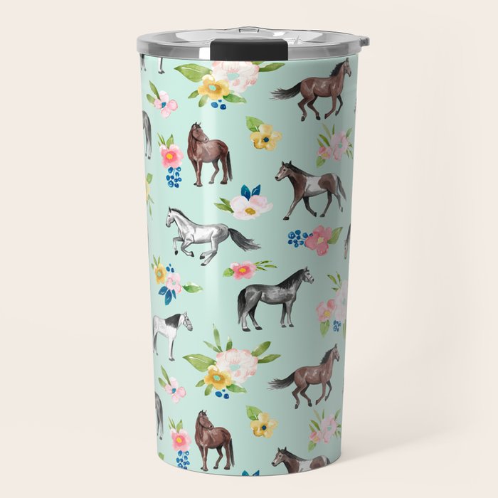 Horse and Flower Print, Mint Blue, Pink flowers, Equestrian, Spring Floral Travel Mug Gallery Image 1