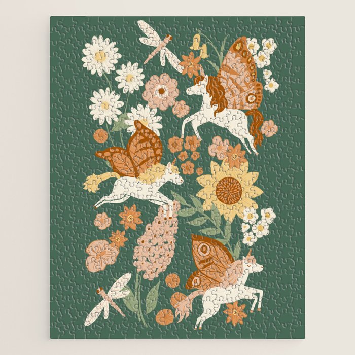 Butterfly Unicorns Frolicking in the Garden - Dark Jigsaw Puzzle