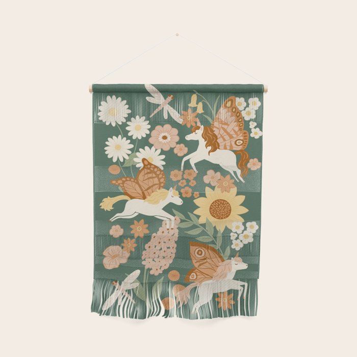 Butterfly Unicorns Frolicking in the Garden - Dark Wall Hanging Gallery Image 1