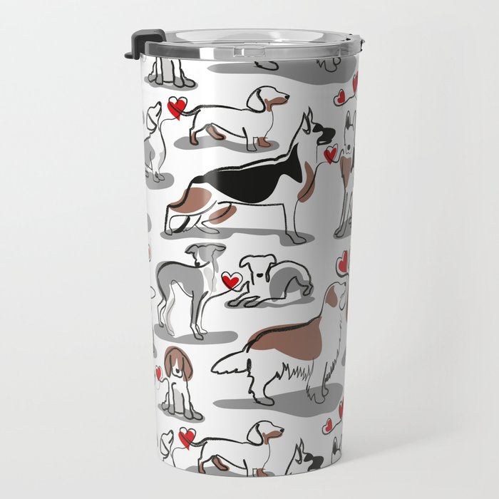 Woof endless love // white background red hearts continuous lined pair of dog breeds Travel Mug Gallery Image 3