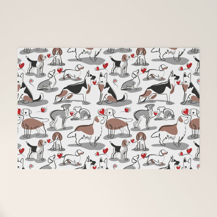 Woof endless love // white background red hearts continuous lined pair of dog breeds Welcome Mat Gallery Image 1