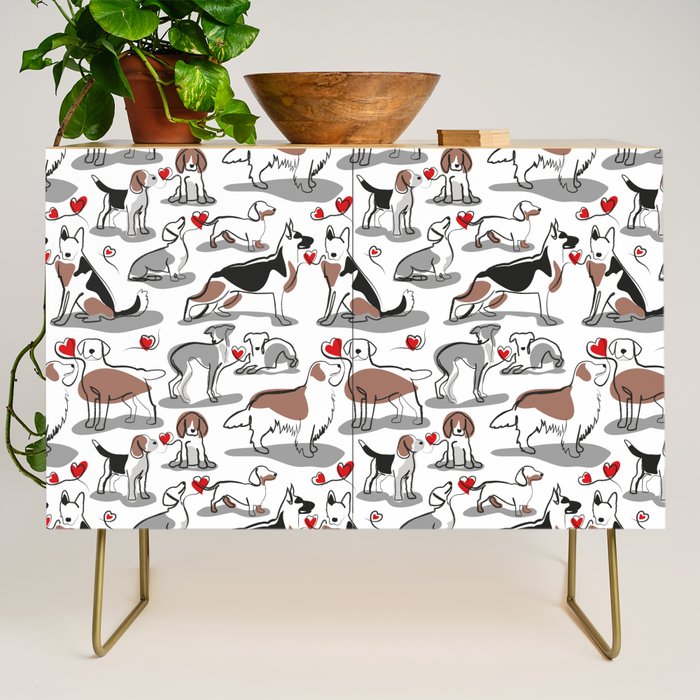 Woof endless love // white background red hearts continuous lined pair of dog breeds Credenza Gallery Image 1