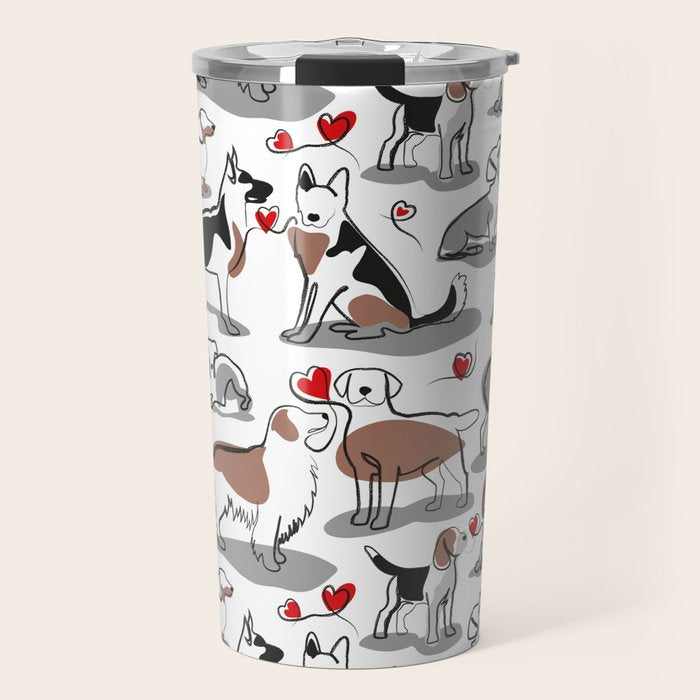 Woof endless love // white background red hearts continuous lined pair of dog breeds Travel Mug Gallery Image 1