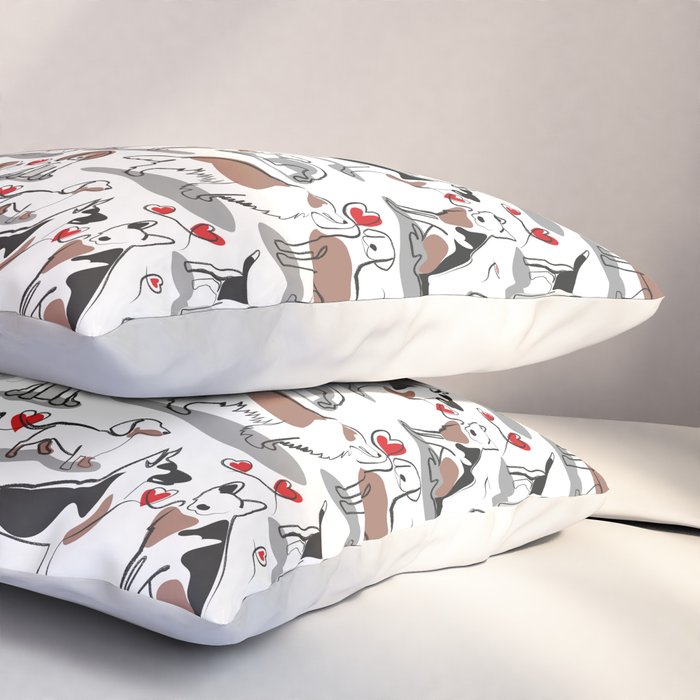 Woof endless love // white background red hearts continuous lined pair of dog breeds Pillow Sham Gallery Image 3