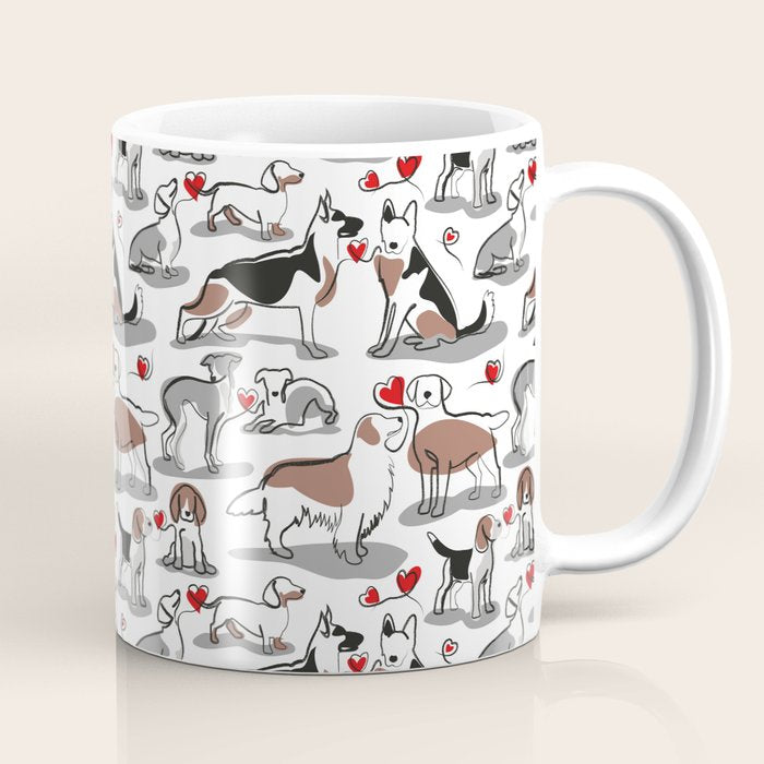 Woof endless love // white background red hearts continuous lined pair of dog breeds Coffee Mug Gallery Image 1