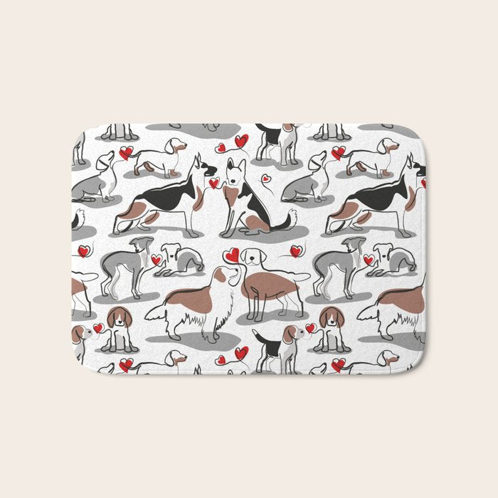 Woof endless love // white background red hearts continuous lined pair of dog breeds Bath Mat Gallery Image 1