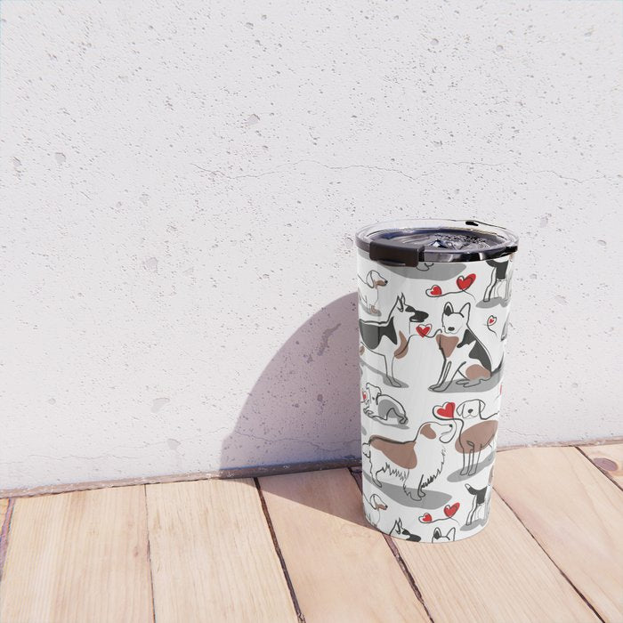 Woof endless love // white background red hearts continuous lined pair of dog breeds Travel Mug Gallery Image 4