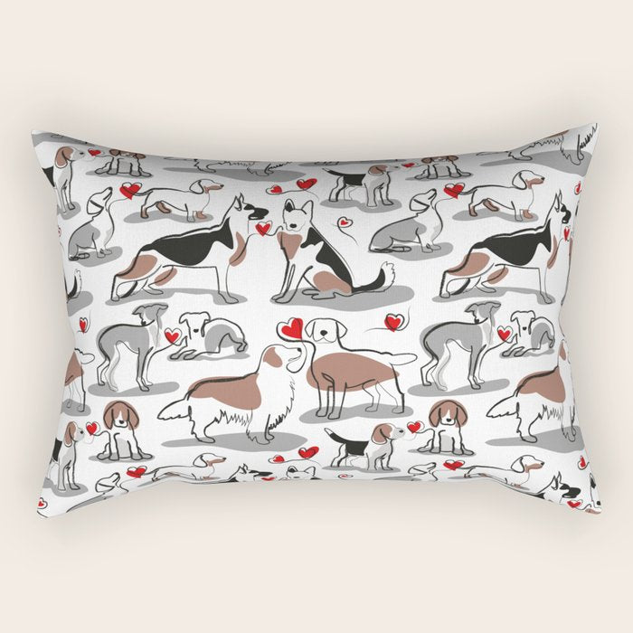 Woof endless love // white background red hearts continuous lined pair of dog breeds Rectangular Pillow Gallery Image 1