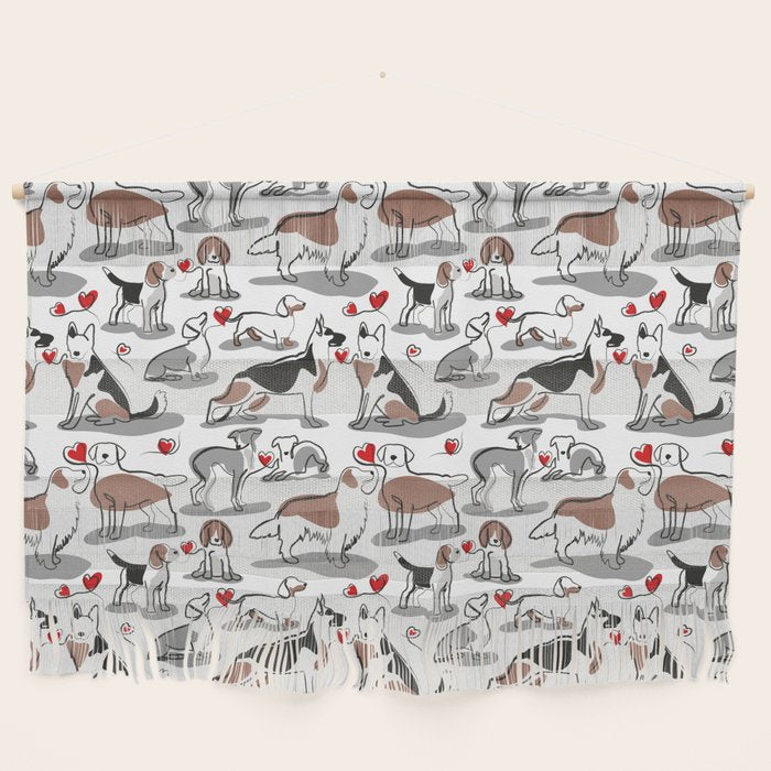 Woof endless love // white background red hearts continuous lined pair of dog breeds Wall Hanging Gallery Image 1