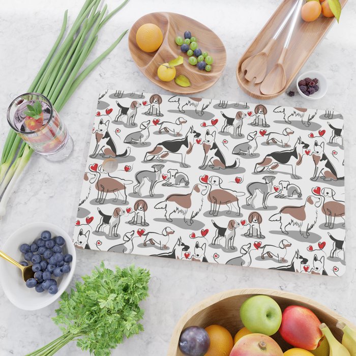 Woof endless love // white background red hearts continuous lined pair of dog breeds Cutting Board Gallery Image 2