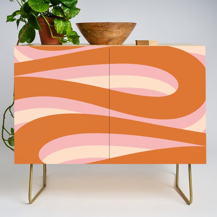 Pop Swirl Wavy Abstract Line Pattern Pink Orange Cream Credenza Gallery Image 1