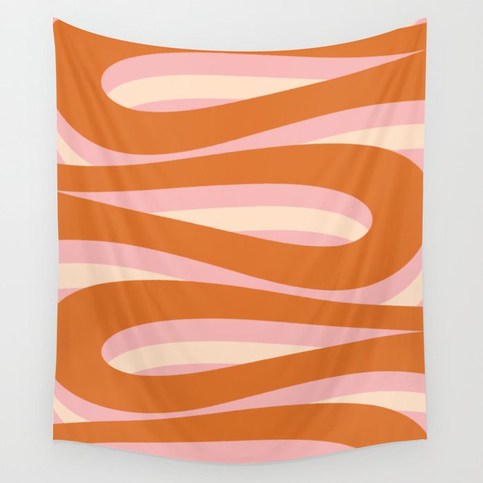 Pop Swirl Wavy Abstract Line Pattern Pink Orange Cream Wall Tapestry Gallery Image 1