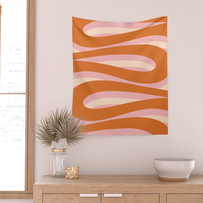 Pop Swirl Wavy Abstract Line Pattern Pink Orange Cream Wall Tapestry Gallery Image 2